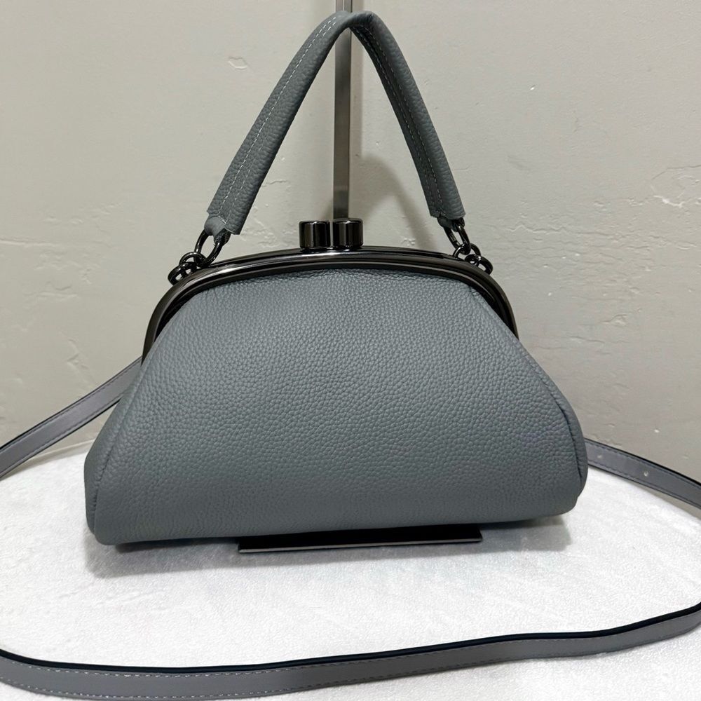 Gray Togo Cowhide Calfskin Handmade Kisslock Wristlet, Shoulder Bag, Crossbody